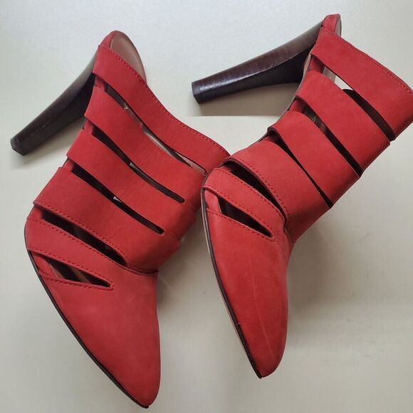 Rebecca Minkoff Red Suede Mule Heels Womens 8 Pointed Toe Cut Outs Strappy Sexy - Picture 4 of 7